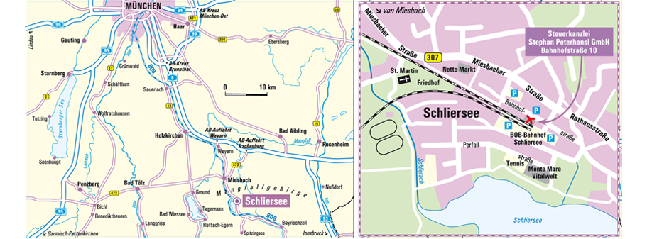 Lageplan der Kanzleiräume auf zwei Karten, einmal von München aus und einmal in Schliersee selbst